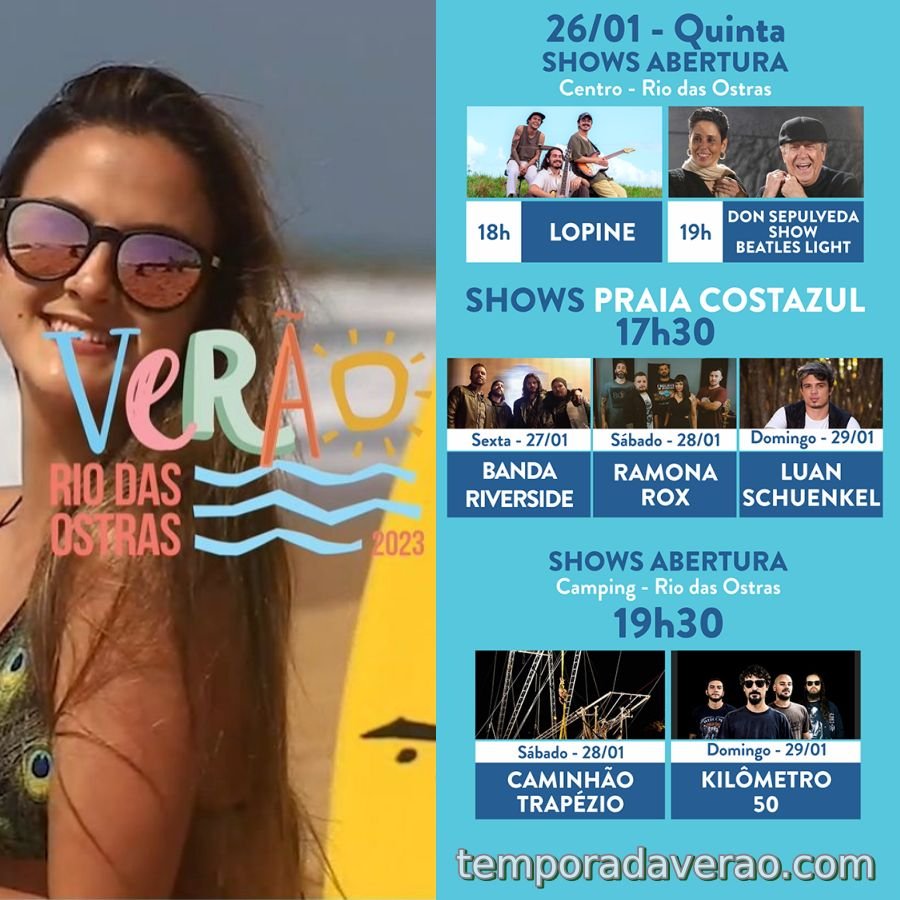 Rio das Ostras Temporada Verão 2023 : shows no centro e na praia do Costazul - Sortimentos Programação Verão