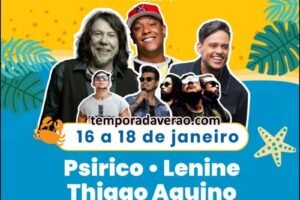 Programação Arena de Verão 2026 na Praia de Camburi em Vitória : shows de Thiago Aquino, Psirico e Lenine